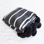 Moroccan Pom Pom Blanket - Black Stripped